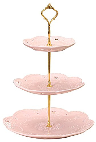 YBK Tech Piatto da portata in porcellana a 3 ripiani, con supporto per dolci, per dolci, per dolci, per alimenti, colore: rosa (asta dorata)