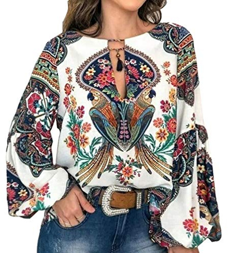 FENICAL Blusa de Mujer Camisa Estampado de Flores Manga Larga Cuello Redondo Blusa de Gasa Casual Camisa Tops Camiseta para Mujer Damas Talla XL (Blanco)