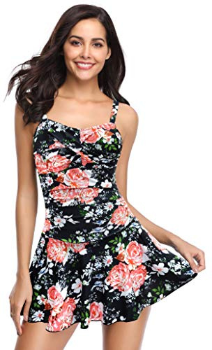 SHEKINI Mujer Bañador con Falda Traje de Baño Elegante Ruched Control Abdomen Tankini Deportivo Ajustable Falda de Baño de Una Pieza（M，Flor-Negro）