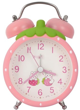 Meyaus 3in Small Strawberry Loud Twin Bell Plastic Alarm Clock Silent Analog Quartz Nightlight Clock