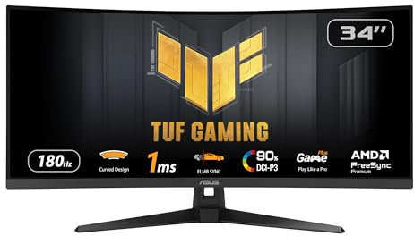 ASUS TUF Gaming VG34VQL3B 34 Zoll Curved Gaming Monitor (WQHD (3440 x 1440), 180Hz, 1500R, Curved Design, Extreme Low Motion Blur, Freesync Premium, 1ms MPRT, 90% DCI-P3, DisplayWidget Center)