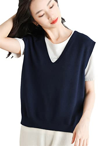 Alloaone Pull sans manches en cachemire pour femme - Col en V - En tricot ample - Pour l'automne et l'hiver, navy blue, L