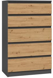 ADGO Malwa M5 Kommode mit 5 Schubladen 40x70x112 cm, Schrank, Möbel für Wohnzimmer, Kleiderschrank, Klassischer Schrank mit Regalen, Tief Freistehend Platzsparend (Anthrazit/Artisan Eiche)