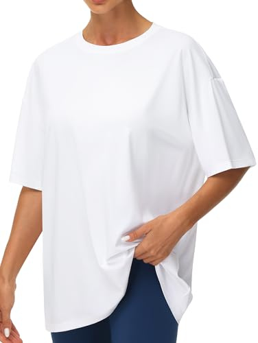 THE GYM PEOPLE T-Shirt Oversize Donna Maglia Sportiva a Maniche Corte per Palestra, Comoda e Traspirante per Allenamento, Casual Giornaliero,Bianco,L