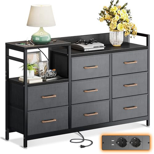 ODK Kommode mit Schubladen, 2 USB & 2 AC-Anschlüssen, 8 Schubladen aus Stoff - Geeignet für Multifunktionaler Schubladenschrank für Schlafzimmer und Wohnzimmer, 132 * 30 * 88 cm, Dunkelgrau