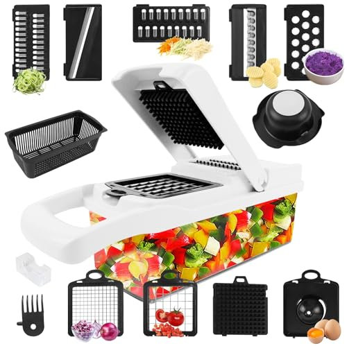 Vegetable Chopper Vegetable Cutter, Veggie Onion Salad Food Chopper Manual-Potato Chipper, Veg Chopper and Dicer for Kitchen Tools & Gadgets with 7 Replaceable Stainless Steel （15-in-1）