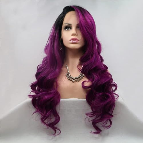 Xiweiya Perruques ombrées violettes avec dentelle frontale avec racines foncées, perruques longues ondulées en fibre résistante à la chaleur pour cosplay avec raie latérale