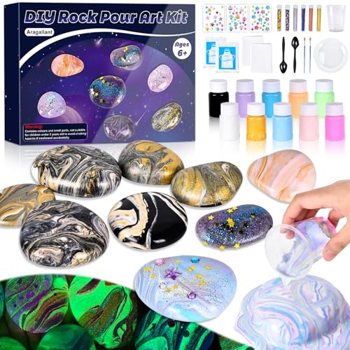 Aragallant Kit de Peinture Pouring sur Pierre Lumineuse pour Enfants, 2 en 1 Loisirs Créatifs Enfant avec 14 Pierre et 10 Couleurs, Activites Manuelles Cadeau Fille Garcon 4 5 6 7 8 9 10 11 12 Ans