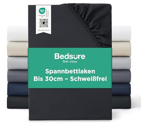 Bedsure Spannbettlaken 180x200cm Bettlaken Spannbetttücher - Oeko-TEX Mikrofaser Bis 30cm für Boxspringbett und Dicke Matratzen, Atmungsaktiv & Schnelltrocknend Spannleintuch mit Gummizug, Schwarz