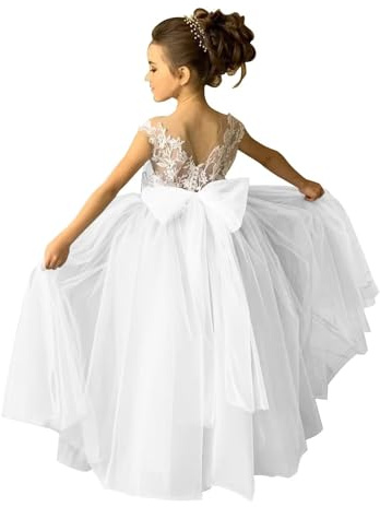 zikusel Bow Knot Tulle Flower Girls Dress for Wedding Lace Applique White Sleeveless Ball Gowns Satin Crew Neck Full-Length Kids Luxury Pageant Puffy Dresses