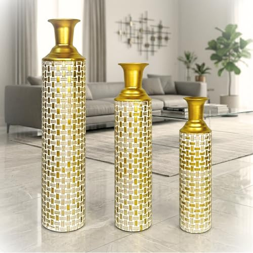 Leewadee Set di 3 Grandi Vasi da Terra 65/53/41 cm - Alti Vasi in Metallo Oro per Decorazione Casa