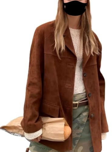 Leather Verse Chaqueta Blazer Clásica de Ante Marrón para Mujer - Abrigo Casual Oversized Estilo Urbano Abrigo de Ante 2XS - 4XL, marrón, XXS