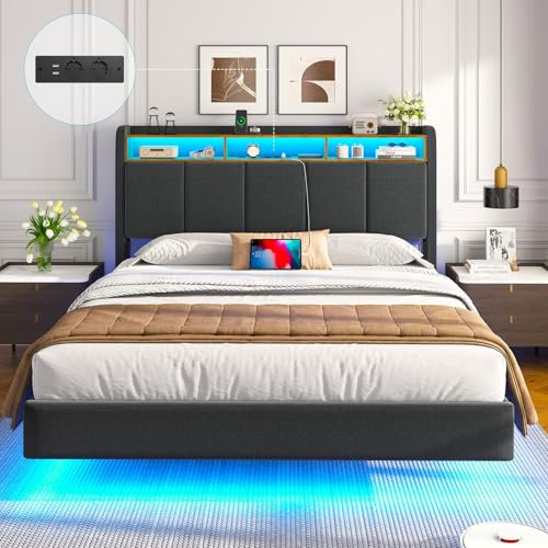 Brinlawb Polsterbett 140x200 cm Schwebebett mit LED-Beleuchtung, Kopfteil und Ladestation(2 AC-Steckdosen, 2 USB-Anschlüsse), Bett 140x200 mit Stauraum, Modern Doppelbett mit lattenrost, Leinen, Grau