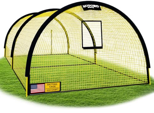 NaxKizo Upgraded 22ft x 12ft x 8ft Baseball & Softball Batting Cage Net with Pitching Machine Hole, 4ply 1.25'' Anti-Tear Netting, 13.4MM Fibreglass Poles, Portable Carry Bag