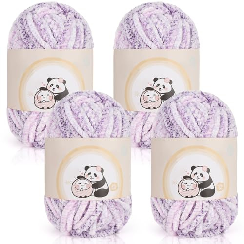 Aeelike Chenille Yarn Set 400g, 4 Pack Plush Thick Chunky Wool for Knitting 100g Balls, Soft Fluffy Velvet Ombre Chenille Yarn for Crochet Amigurumi, Baby Blankets and DIY Crafts, Gradient Purple