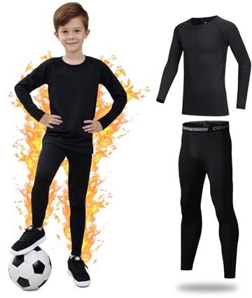 Kelvindra Base Layer Kids - Fleece Lined Skins for Boys Athletic, Warm Football Skins Suit for 4~13 Age, Long Sleeve Top & Bottom Kids Thermal Base Layer Set for Ski Running and Daily Life Black
