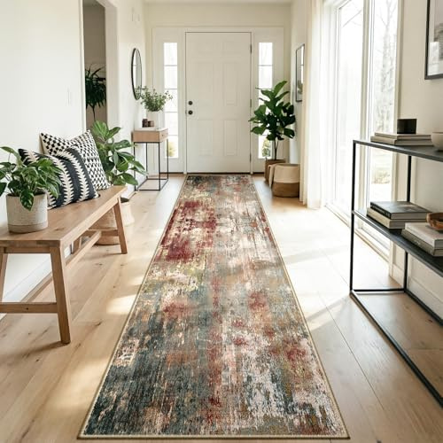 DEFYNEE Alfombra Pasillo 60 x 300 cm, Antideslizante, Alfombra Pasillo de Pelo Corto para Cocina, Lavable, Plegable, Diseño Abstracto para Entrada, Cocina, Salón y Oficina, Marrón Rojizo