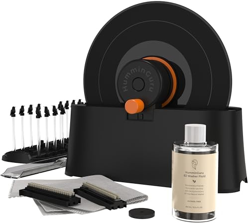 HumminGuru EZ Lavatrice per Dischi, Macchina Manuale per la Pulizia dei Dischi in Vinile con Rotazione Senza Sforzo LP e Morsetto Sicuro, Kit di Pulizia con Spazzole di Capra,Liquido,Stendino e Panno