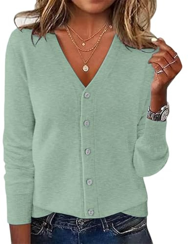 Generisch Chaqueta para mujer, cuello en V, cárdigan de punto, manga larga, primavera, moda, ligera, verde menta, L