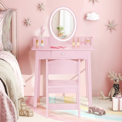 GYMAX Kids Vanity Table and Chair Set, Girls Dressing Table with 2-Color LED Lighted Mirror, Drawer and Tree-Shaped Jewelry Organizer, Wooden Children Make up Table Set for Bedroom (Light Pink)
