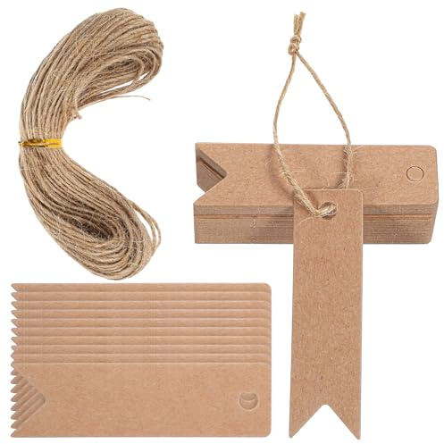 Presentetiketter, 200 stycken presenthängen 2 × 7 cm kraftpapper hängande etiketter med 40 m jutesnöre kraftpapper blanka presentetiketter för märkning för bröllop hantverk jul (brun)