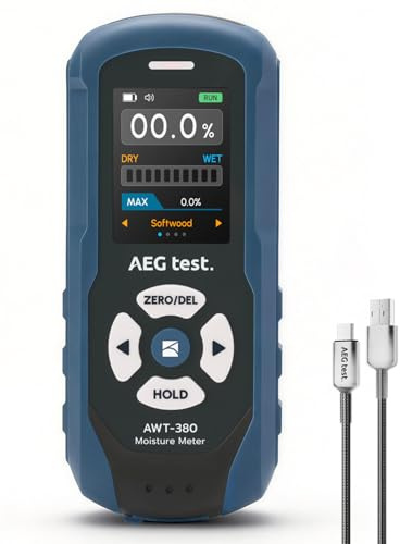AEGTEST AWT-380 Misuratore di Umidità Senza Spilli Ricaricabile per Legno, Cartongesso & Muratura, Misuratore di Umidità per Legno con Display a Colori, Allarme Regolabile, Registrazione Dati