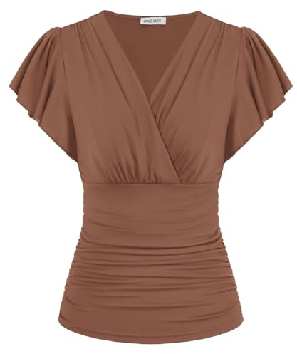 GRACE KARIN Blusa de verano para mujer, manga corta con volantes, cuello en V, fruncida, casual, blusa vintage, café, XXL