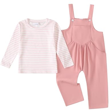 UUAISSO Abbigliamento per Bambine Completo Neonate Composto da Top a Maniche Lunghe Righe e Floreale Salopette e Pantaloni Rosa 3-4 anni