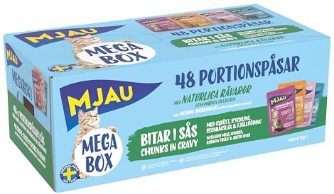 Mjau Megabox bitar i sås med regnbågslax, fjällröding, kyckling & oxkött – 48×85 g våtfoder för katter i stor förpackning. Med naturliga råvaror, utan tillsatt socker & färgämnen.