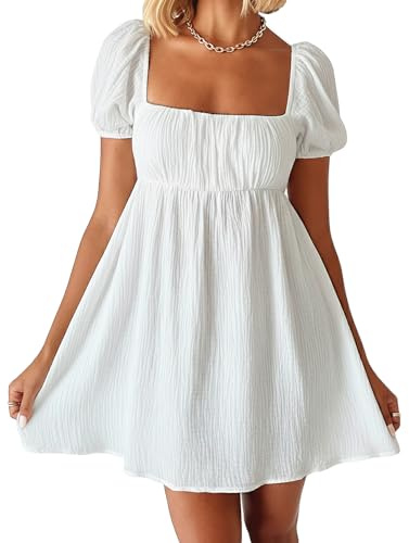 Coloquin Women Puff Short Sleeve Square Neck A Line Mini Dress Sundress Flowy Swing Beach Going Out Dresses
