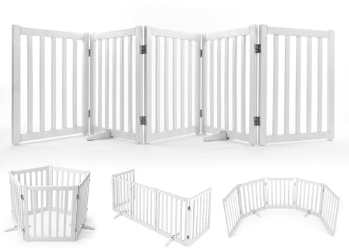 COSTWAY Wooden Pet Gate, Foldable Freestanding Dog Gate Pet Barrier, Indoor Dog Fence Puppy Safety Barrier for Doorway, Stairs, Halls (5 Panels)