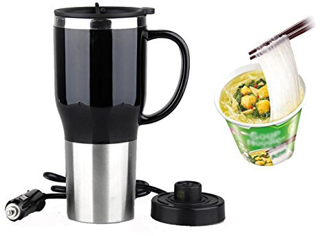Mengshen 12V Auto Elettrico in Acciaio INOX, Tazza da Caffè, Acqua Bollente Rriscaldato Latte Uova Sode Caffè e Tè Portable Car Electric Mug Outdoor Students Double Layer 450ML 50W, CA107 Black