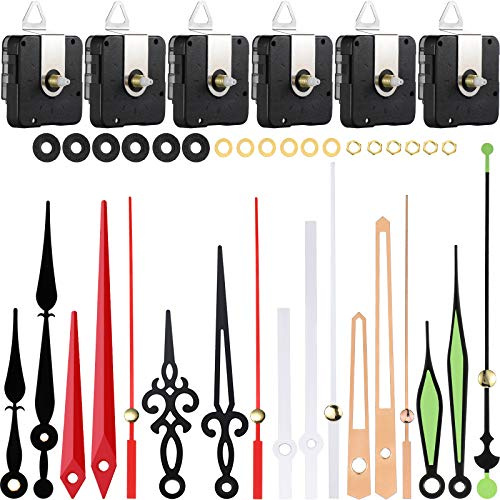 Mudder 6 Pack Silent Clock Movement Mechanism, Battery Operated Quartz Replacement Clocks Kit Long Shaft with 6 Pairs of Hands, Hooks and Adhesive Pads for DIY Repair Parts(13 Mm/ 0.51 Inches)