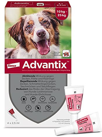 Elanco ADVANTIX Spot on für Hunde 10 kg bis 25 kg, Schutz vor Zecken & Flöhen, wehrt Mücken & Stechfliegen ab, Bevor sie stechen – Der Schutz für Urlaub & Alltag, Wirkung bis zu 4 Wochen, 4 Pipetten