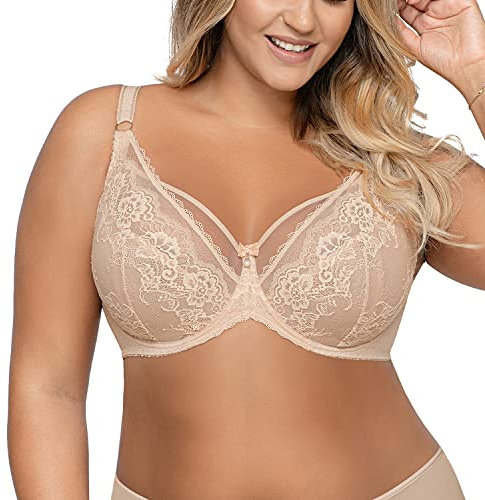 AVA Damen Soft BH Spitze Netz Schalen Streifen Unterwäsche1824 Venus, Beige,95D