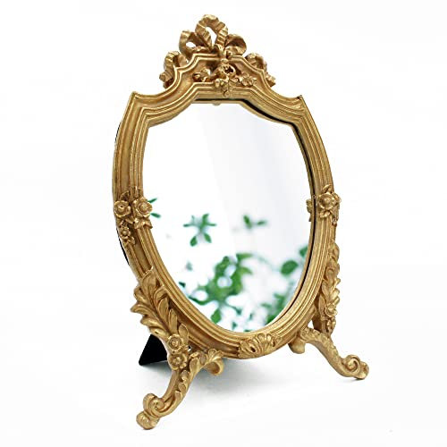 Eaoundm Antique Gold Resin Frame Decorative Wall Mirror Makeup Mirror Tabletop Mirrors, for Bedroom Living-Room Dresser Decor 20.8W x 33 L cm