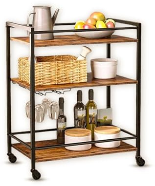 FEFE 3 Tier Rolling Industrial Design Rustic Look Wooden Kitchen Food Serving Cart Trolley With Wheels & Glass Hooks