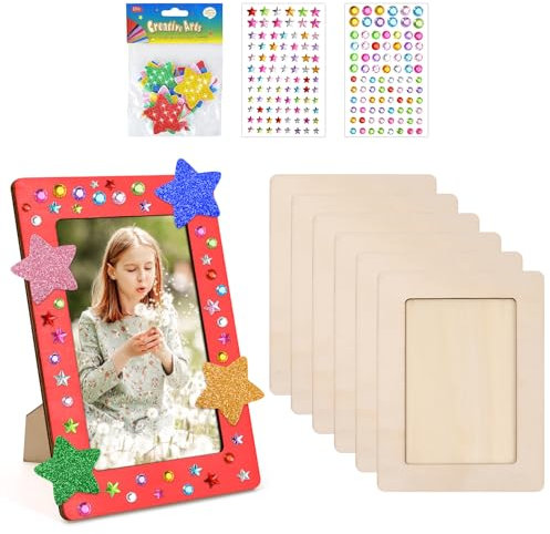 Wisebom 6 Stück Bilderrahmen für DIY, Holzbilderrahmen Kinder Holz Selbstklebende Glitzersteine Glitter Moosgummi Sticker Unvollendeter Holz-Fotorahmen für Geburtstage Bastelarbeiten Diy-Malprojekte