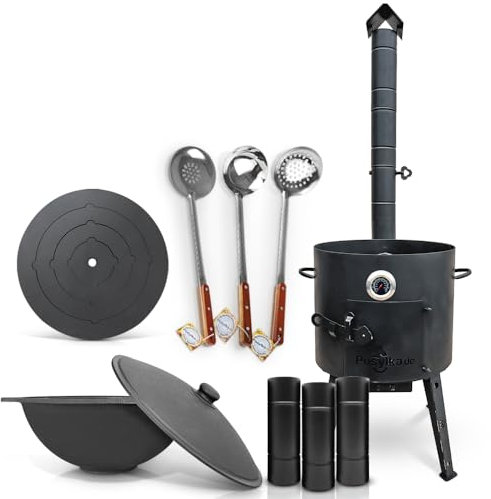 Horno de fuego de 40 cm de diámetro, 43 cm de diámetro, 4 anillos, diámetro de 42,5 cm (12 L), fondo plano con termómetro de extensión de chimenea, 2 espumaderas, cucharón de 48 cm (set – 559)