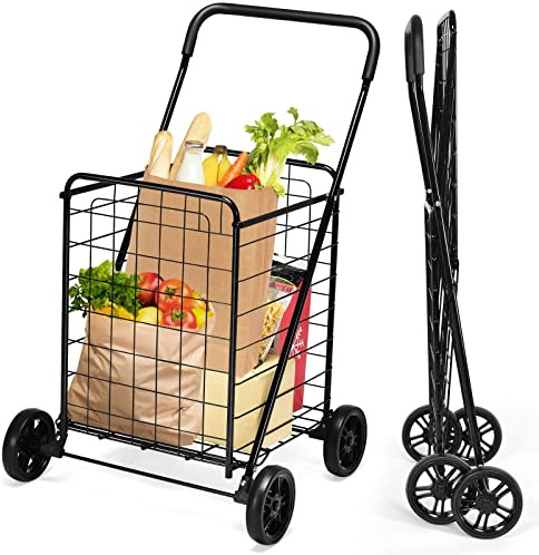 COSTWAY Vikbar shoppingvagn, shoppingvagn på rullar, 45 kg lastkapacitet, 83 l, bärbar handvagn, rullvagn universalvagn för tvätt, shopping, bagage (svart)