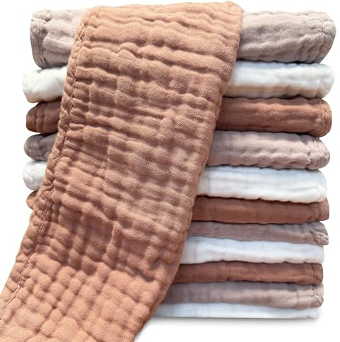 Muslin Burp Cloths for Baby 100% Cotton Burping Cloths for Unisex, Boy, Girl - Large 20'' by 10'' Newborn Essentials Ultra Soft Absorbent Milk Spit Up Rags - 12 Pack - White+Light Bean Paste Series