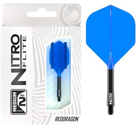 RED DRAGON Darts – Nitro Flite Integrated Flight & Shaft System – No.2 Shape and Design – Black & Blue Colour, Medium Length
