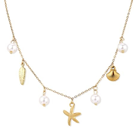 Mikovivi Women's Pendant Necklace, Delicate Beach Hexagram Star Pendant Cute Shell Starfish Pearl Necklace, Gold Stainless Steel, Women's Summer Jewelry, Beach Necklaces for Women