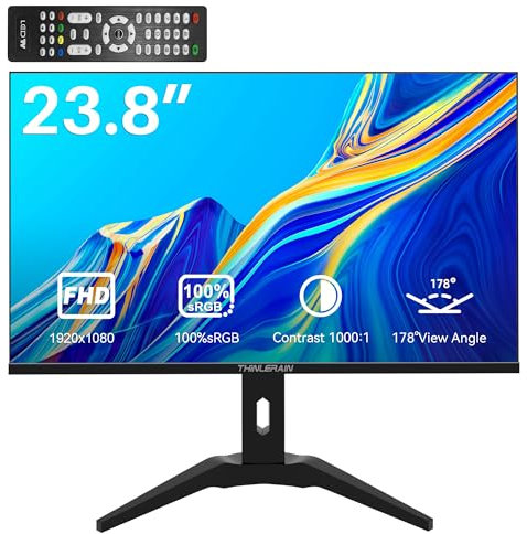 Thinlerain 24 Zoll PC Monitor 1920x1080p LED Bildschirm Computer Display AMD FreeSync, 100% sRGB, VGA/HDMI/AV/BNC/USB Eingebaute Lautsprecher, 60hz, 5ms, VESA, Schwarz