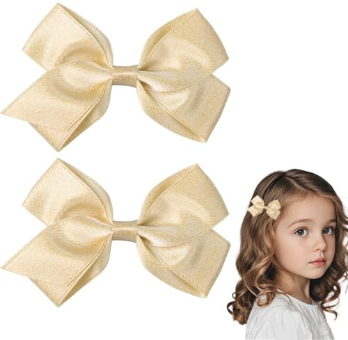 Maxqzin 2Pcs Hair Bows for Toddlers 2-4 Years 3.15 Inch Gold Hair Bow Toddler Hairs Bows Alligator Clips Bow Hairs Clips for Girls Women Birthday Wedding Party Occasions