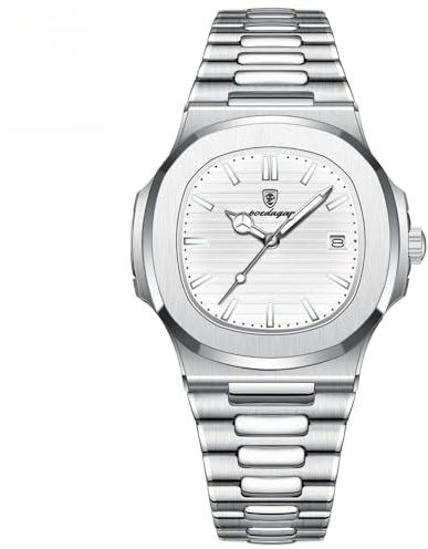 Poedagar Herrenmode Armbanduhr Business Edelstahlband Quarz Herrenuhr Wasserdicht Leuchtend Datum Quadratisch Herrenuhren, Silber, Weiß, Größe S