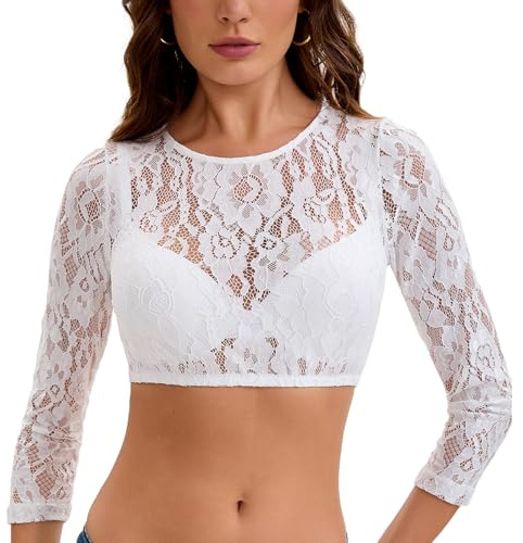 Adisno Blusa Dirndl per Donne, Blusa Dirndl,Bluse Dirndl con Pizzo e Motivo Floreale,Bianco,38