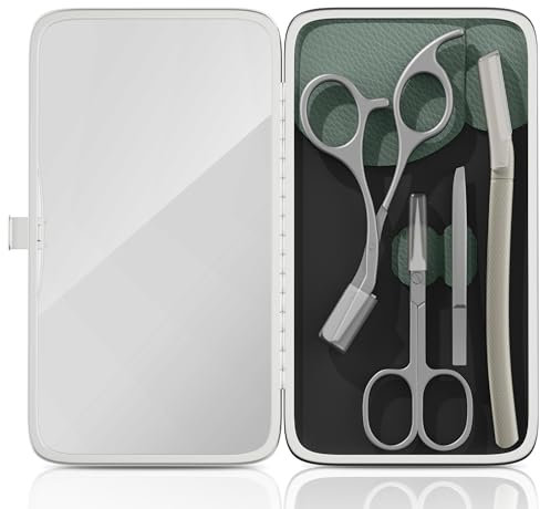 Glamne Kit per rifinitore per sopracciglia, forbici e pinzette con rasoio per il viso, set per la toelettatura con specchio e custodie da viaggio