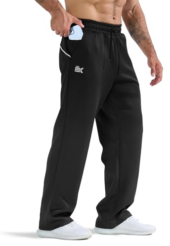 BROKIG Mens Oversized Gym Tracksuit Bottoms, Open Hem Baggy Joggers Loose Trousers Lounge Sweatpants with Zip Pocket (X-Large, Black)