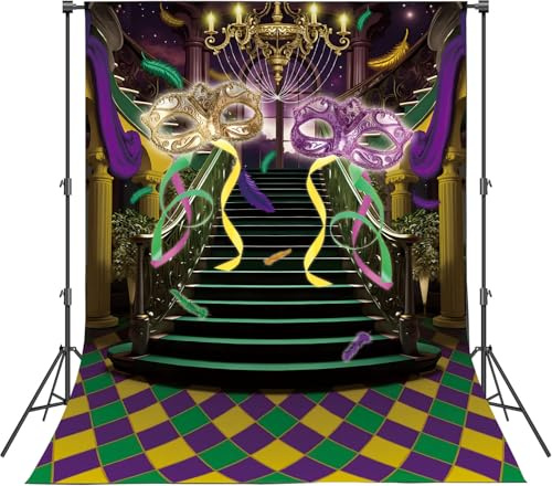 Toile de fond pour photographie de Mardi Gras - 1,5 x 2,1 m - Masque de carnaval - Violet et doré - Château doré - Décorations de fête - Accessoires photo